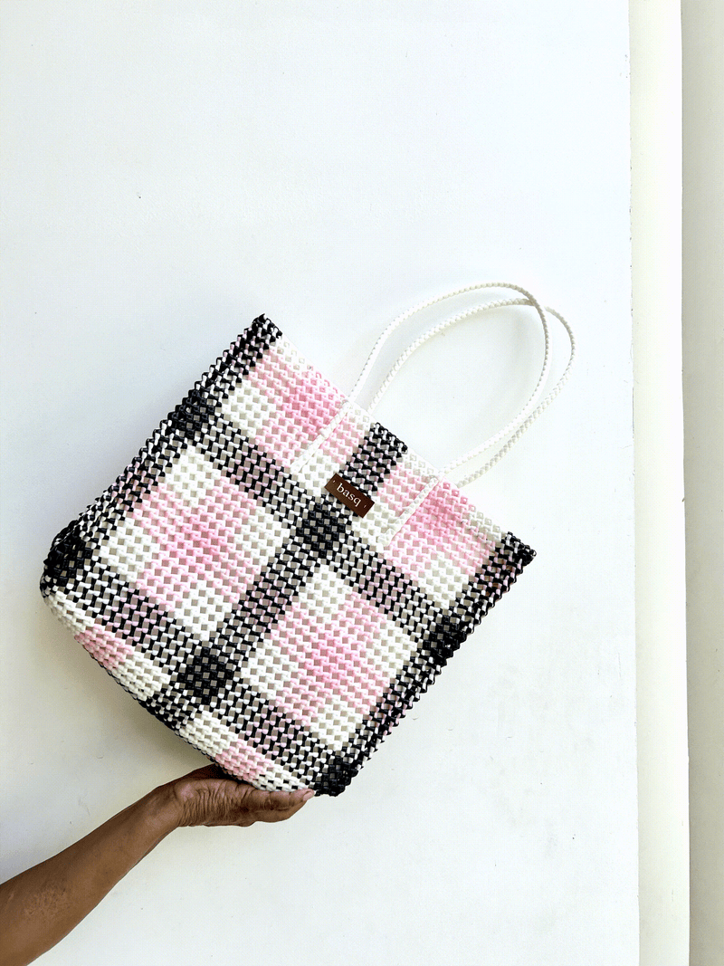 Designer Tote- Pink and black checks ( with inner lining and pocket)