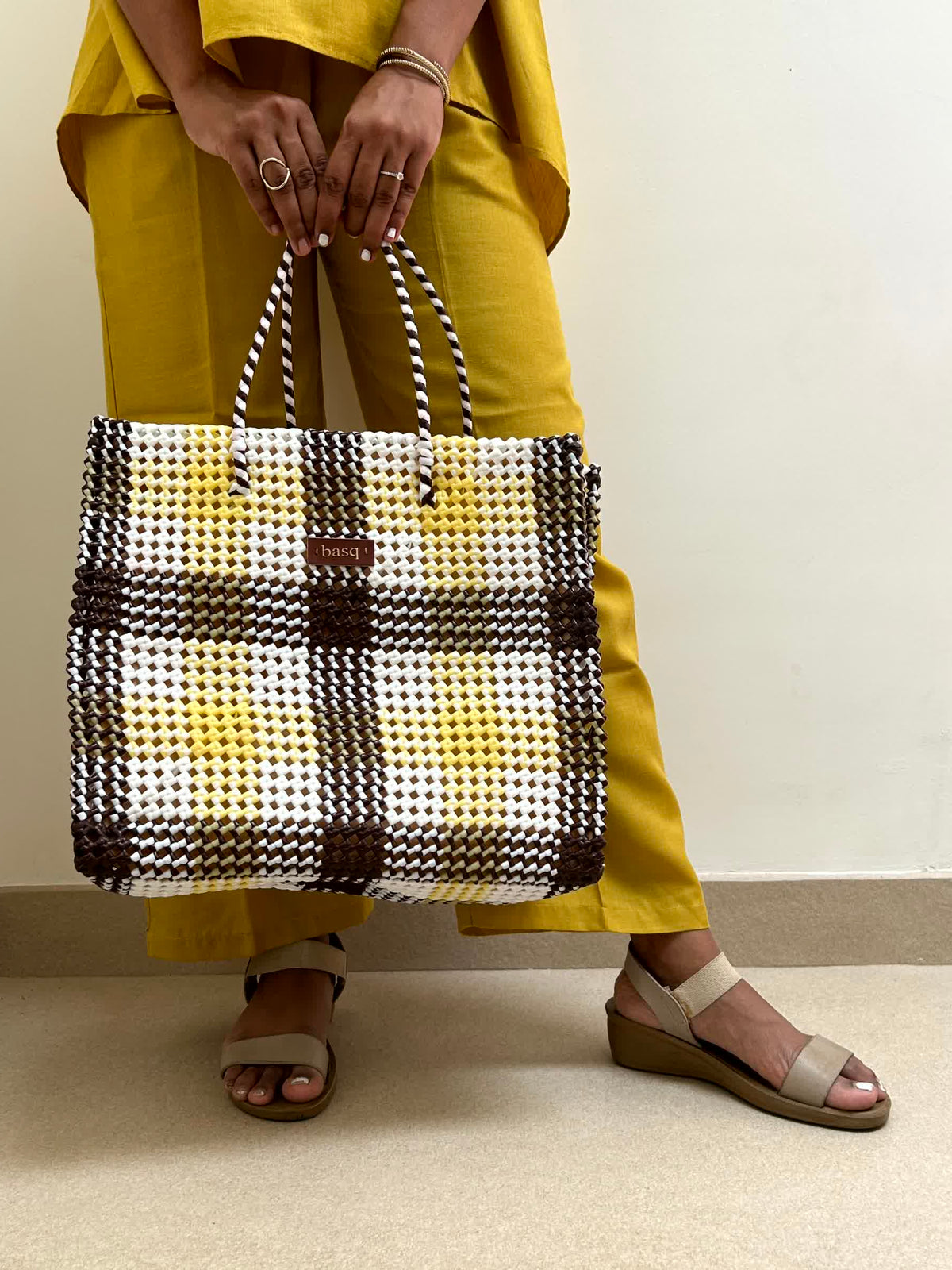 Designer Tote- Yellow and Brown  (with inner lining and pocket)