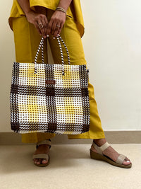 Designer Tote- Yellow and Brown  (with inner lining and pocket)