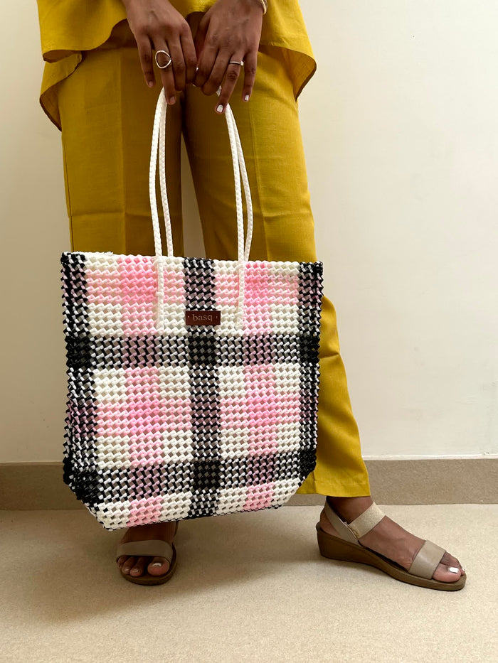 Designer Tote- Pink and black checks ( with inner lining and pocket)