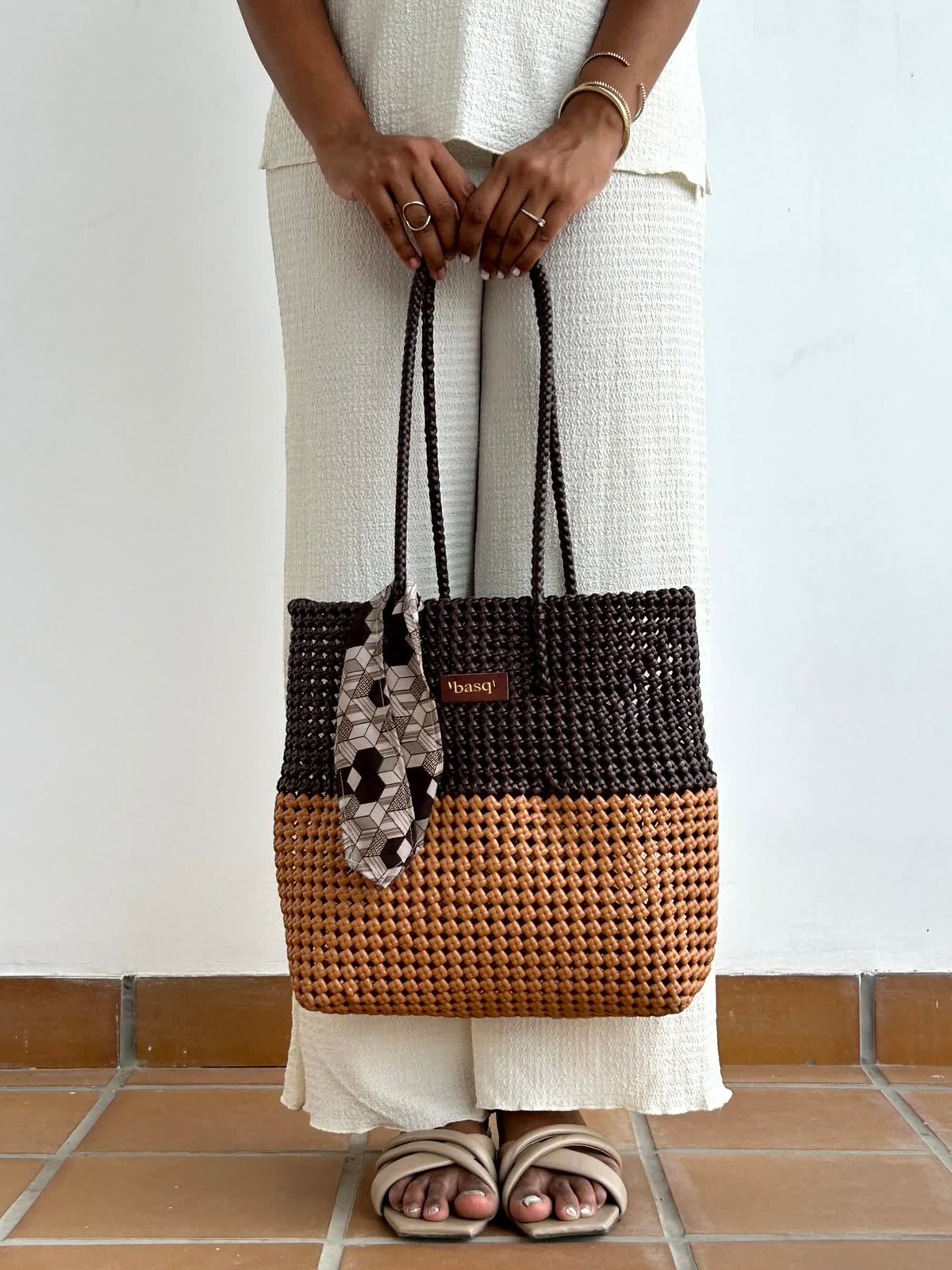 Solid Tote- Beige & Mocha Brown