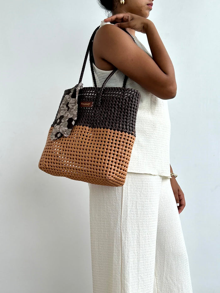 Solid Tote- Beige & Mocha Brown