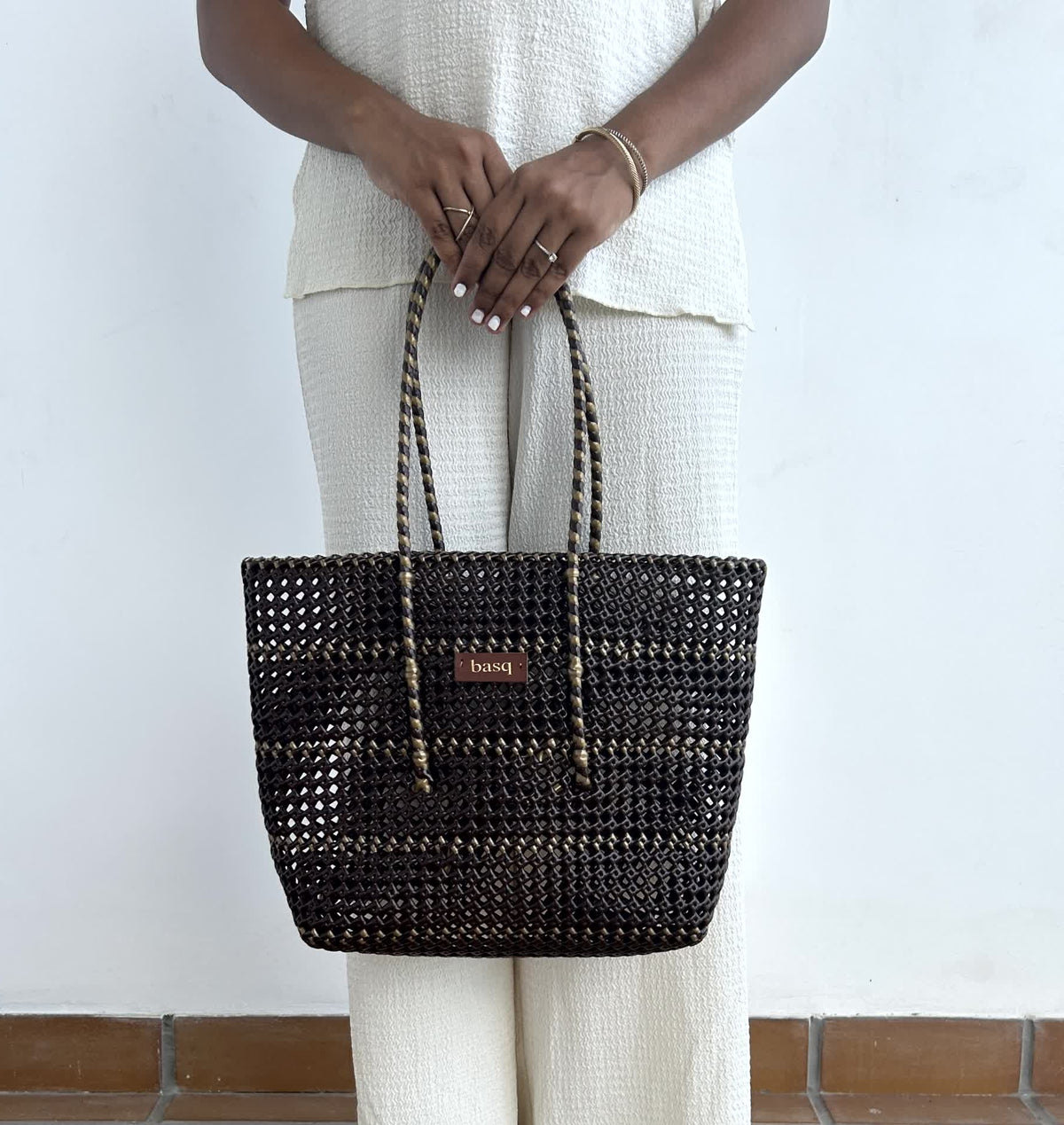 Designer Tote- Mocha Brown with gold lines