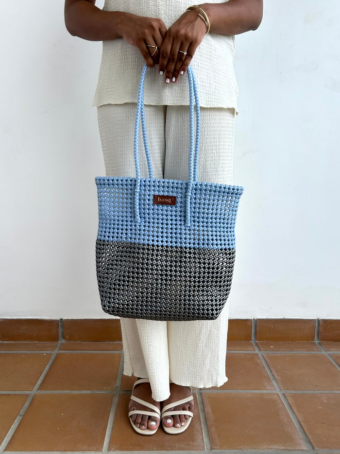 Bucket Solid Tote- Pearl Blue and Silver