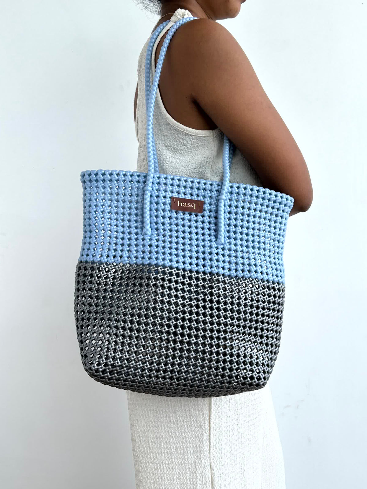 Bucket Solid Tote- Pearl Blue and Silver